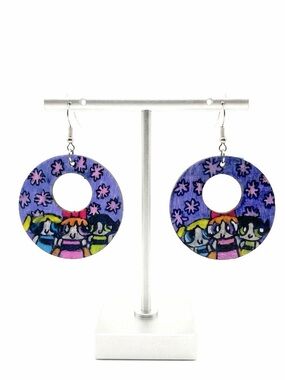 New Womans Artisan Hand Painted Power Puff Girls Sterling Silver Wooden Earrings